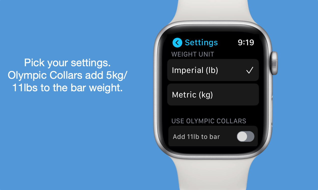 Pick your settings. Olympic Collars add 5kg/11lbs to the bar weight.